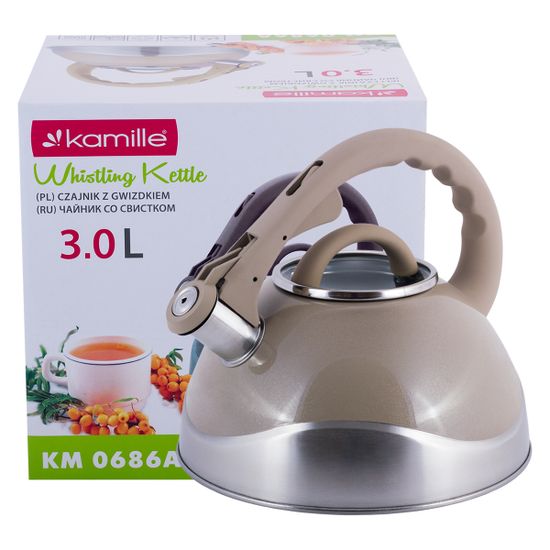 Чайник 3 л. из нержавеющей стали со свистком Kamille KM-0686A и стеклянной крышкой