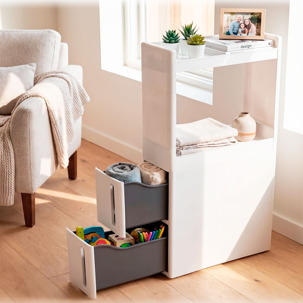 Стойка узкая "Альба" 2 ящика + 2 секции, на колесах, цвет белый