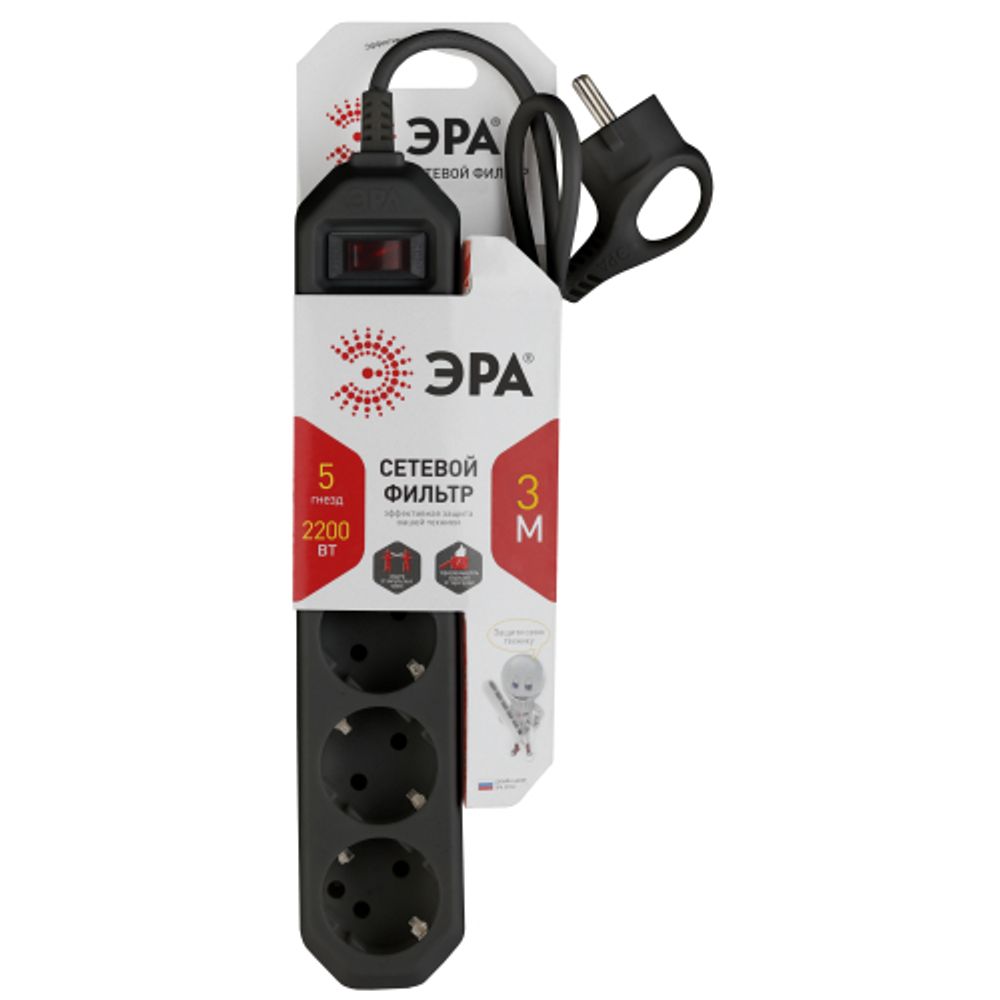 Сетевой фильтр ЭРА USF-5es-3m-B с базовой защитой с заземлением с выключателем 5 розеток 3м 10А черный | Сетевые фильтры