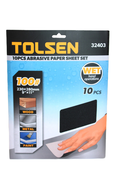 Шлифлист на бумажной основе водостойкий TOLSEN P100 SIC, 230х280мм 10шт. 32403