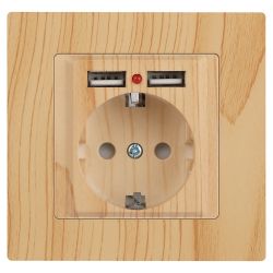 Розетка Intro Accent 6-410-11 с заземлением 2P+E Schuko со шторками 16А-250В + 2хUSB IP20 СУ сосна | Intro