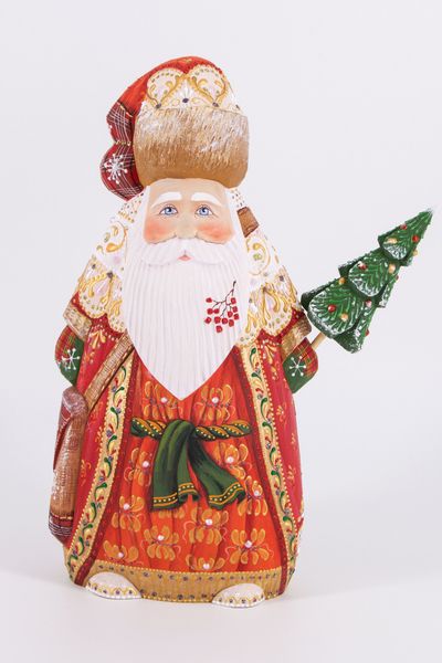 Деревянный Дед Мороз с елкой в красной шубе, 22 см, Россия