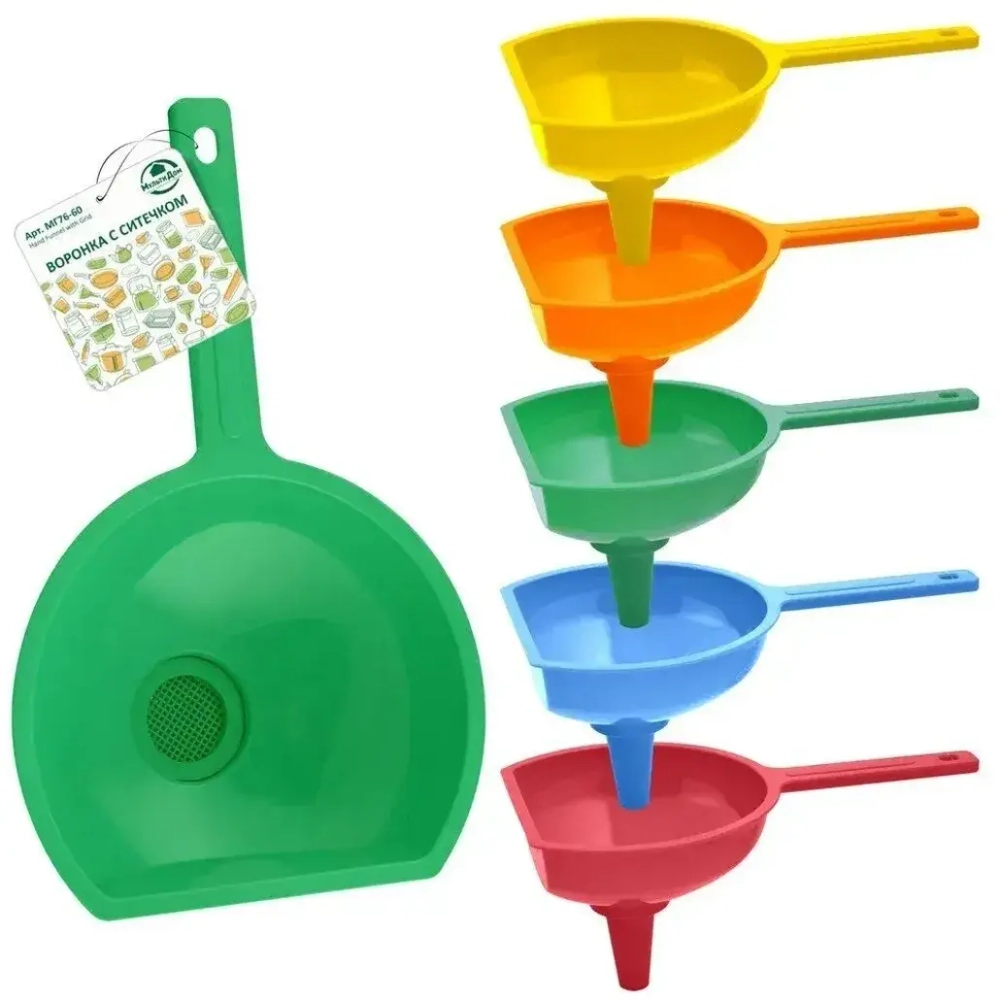 Воронка с ситечком 5цв 13*11см, ручка 10см МГ76-60 (комплект 5 шт)