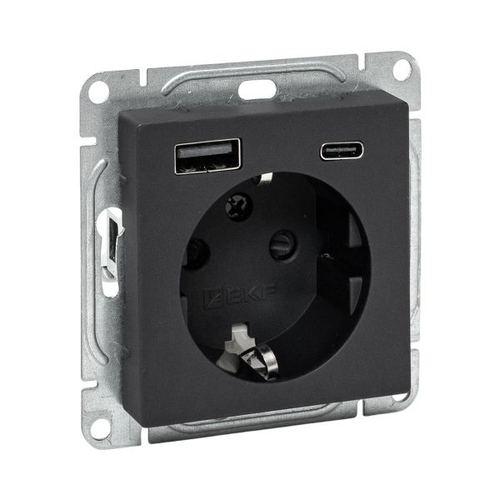 Механизм розетки с USB-A+С - 2шт, 16А, с заземлением, со шторками, чёрный Эпика EKF