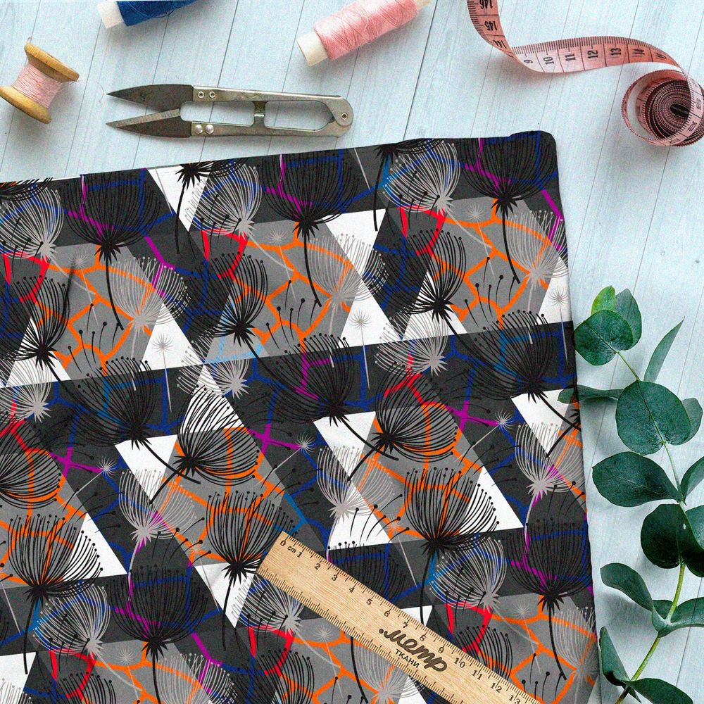 Ткань таффета чёрно-белая графическая абстракция с кислотным узором