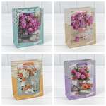 Пакет бумажный 12*15*5,5см с ручками матовый "Цветы" микс