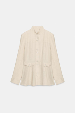 ZARA ПРИТАЛЕННЫЙ ЖАКЕТ ИЗ ЛЬНА С ПОДПЛЕЧНИКАМИ, СВЕТЛО-БЕЖЕВЫЙ