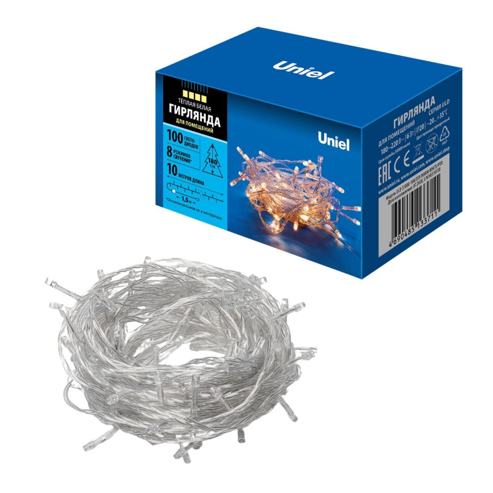 ULD-S1000-100-DTA WARM WHITE IP20 Гирлянда светодиодная. 10м. 100 светодиодов. Теплый белый свет. Провод прозрачный. ТМ Uniel
