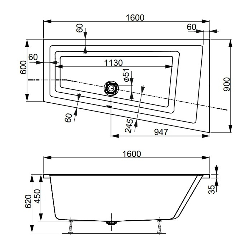Акриловая ванна Vagnerplast CAVALLO OFFSET 160x90 Left