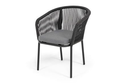 "Марсель" стул плетеный из роупа, каркас алюминий черный муар, роуп темно-серый круглый, ткань темно-серая 027