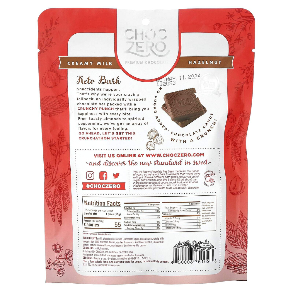 ChocZero, Keto Bark, молочный шоколад, с фундуком, 15 мини-упаковок, 170 г (6 унций)