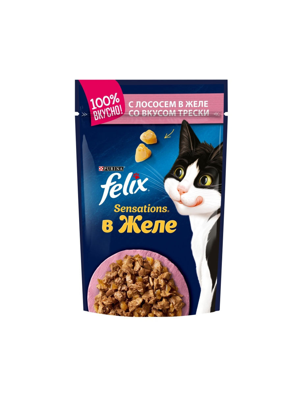 Влажный корм Felix Sensations для кошек, лосось в желе с треской, 85 г