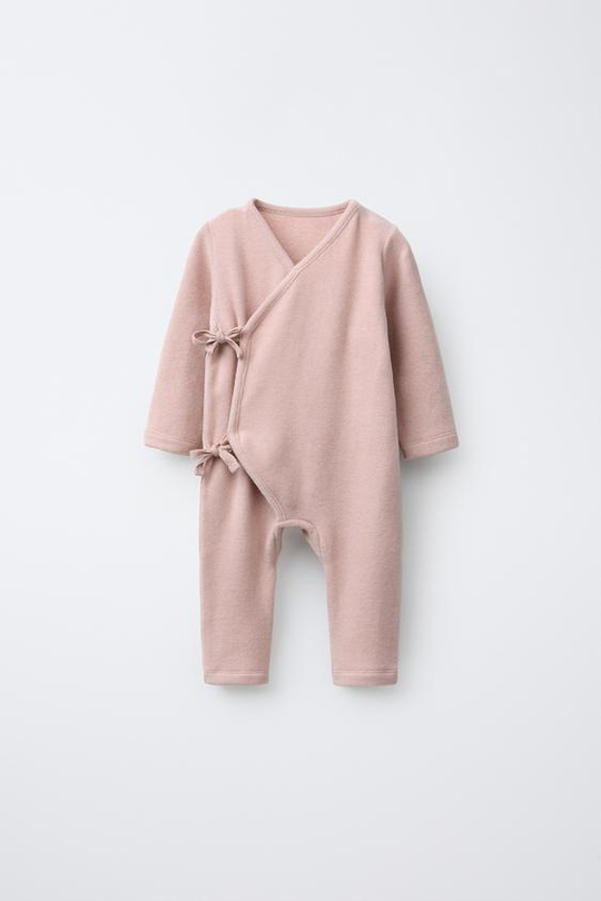 ZARA ДЛИННЫЙ КОМБИНЕЗОН SOFT TOUCH С БАНТАМИ, РОЗОВЫЙ