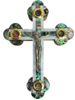 Крест распятие Иерусалимский из оливы, перламутр 2-х цветный полный, 4 вставки, высота 14 см
