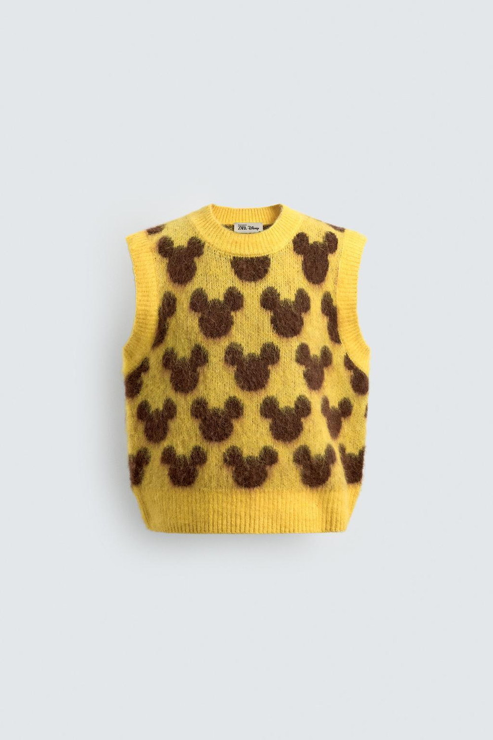 ZARA X DISNEY ТРИКОТАЖНЫЙ ЖИЛЕТ С СИЛУЭТОМ МИККИ, ЖЕЛТЫЙ