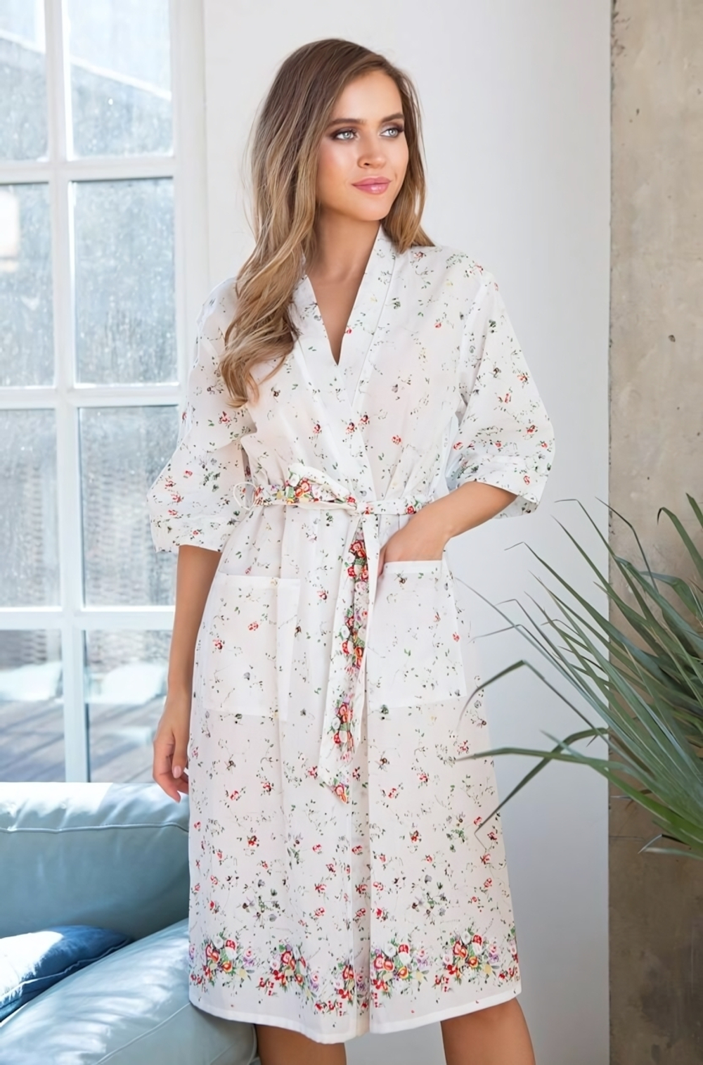 Домашний халат Daisy с цветочным принтом (Размер: XXL-XXXL) (Цвет: белый)