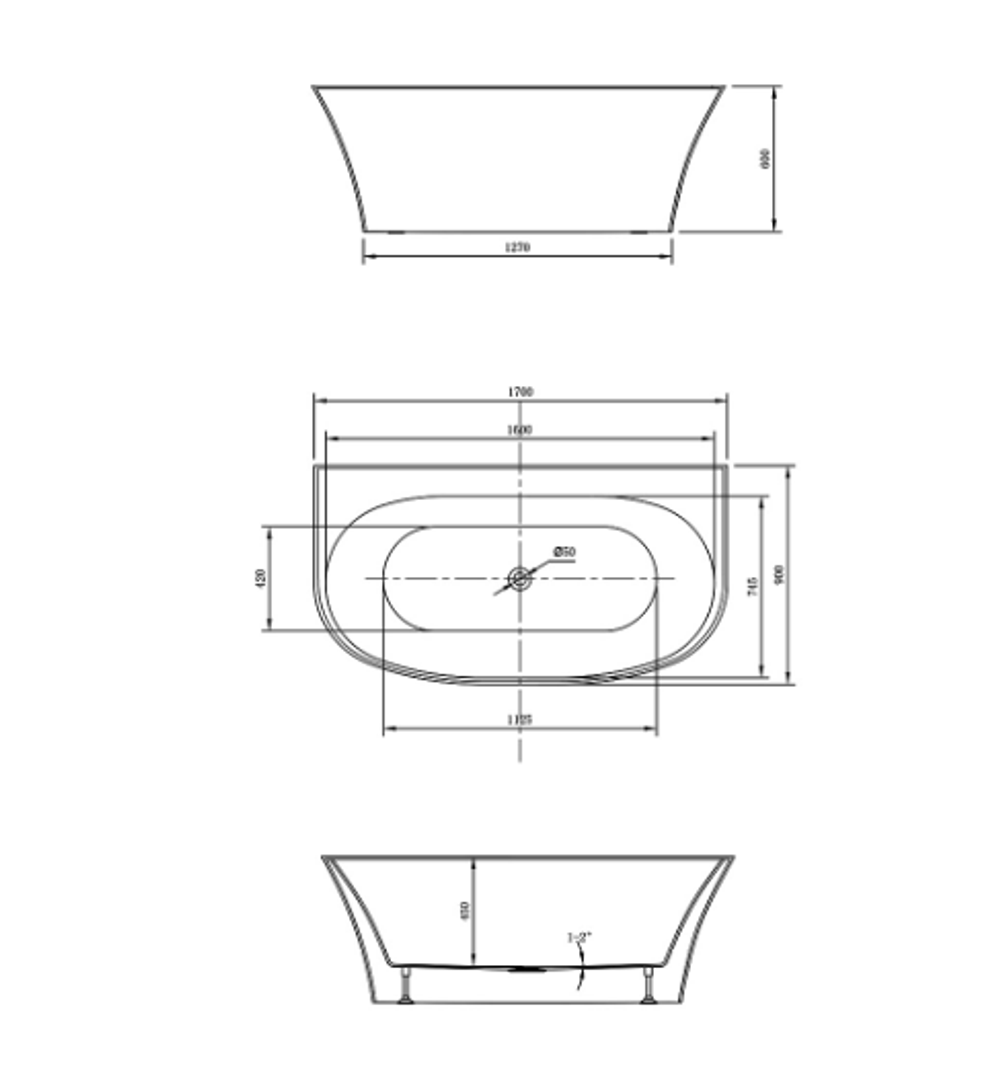 Ванна акриловая Vincea VBT-423-1700, 1700*900*600, цвет белый, слив-перелив в комплекте, , шт