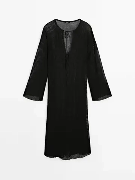 Massimo Dutti Платье миди из полупрозрачного трикотажа в рубчик, черный