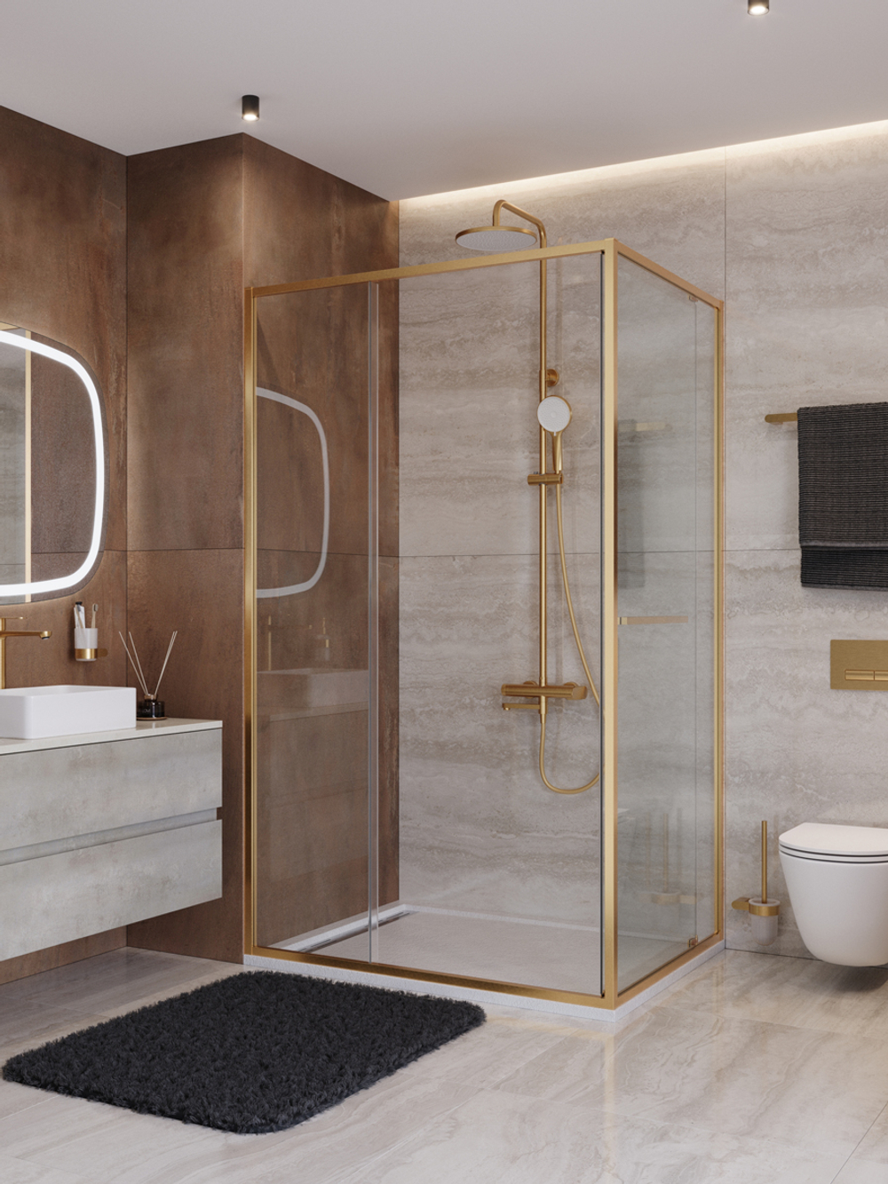 Душевой уголок Cezares LUX-AH-FS-11-120/90-C-BORO, 120х90х195, профиль брашированное золото, прозрачное стекло