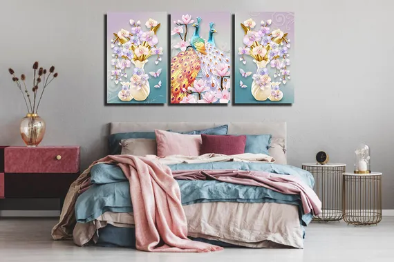 Модульная картина "Триптих с ярким павлином"