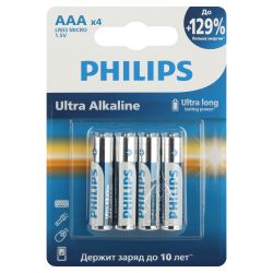 Батарейки Philips LR03E4B/51 ААА алкалиновые 1,5v 4 шт. LR03-4BL Ultra (4/48/144/27648)