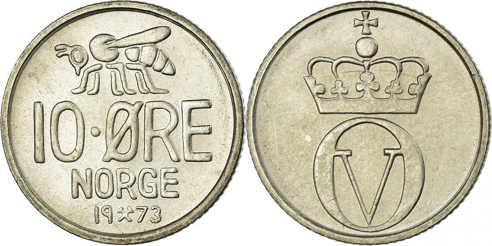 Норвегия 10 эре, 1959 - 1973 Король Улаф V XF