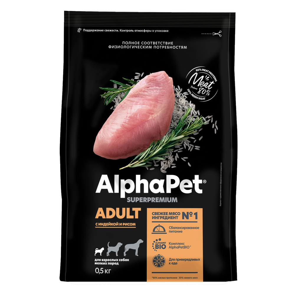 Уценка! Срок 18.05.26/ Сухой корм AlphaPet Superpremium для взрослых собак мелких пород с индейкой и рисом