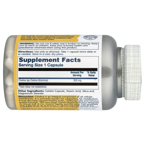 Solaray, холин, замедленное высвобождение, 300 мг, 100 капсул