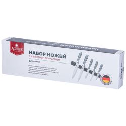 НАБОР НОЖЕЙ AGNESS 6 ПР.С МАГНИТНЫМ ДЕРЖАТЕЛЕМ И РУЧКОЙ ИЗ НЕРЖ.СТАЛИ