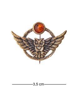 AM-3500 Брошь «Сова Круг» (латунь, янтарь)