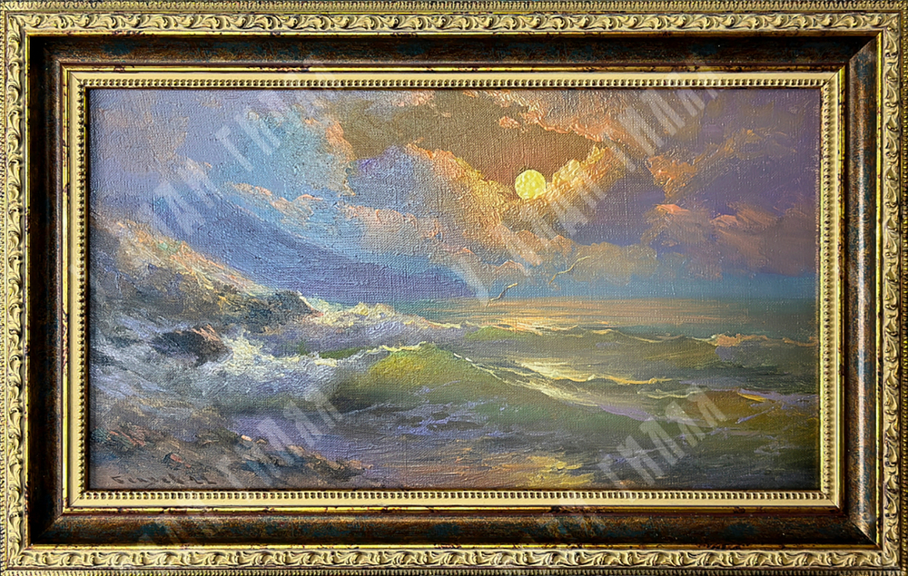 Беляев В.В. Ночное море. Холст, масло. 2022 г.  25х45 см