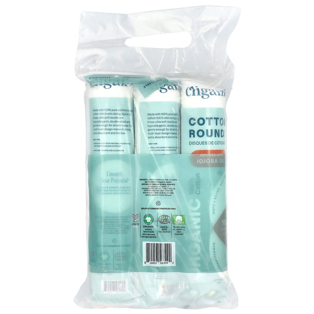 Cliganic, Круглые упаковки из органического хлопка с маслом жожоба, 3 упаковки (100 шт.)