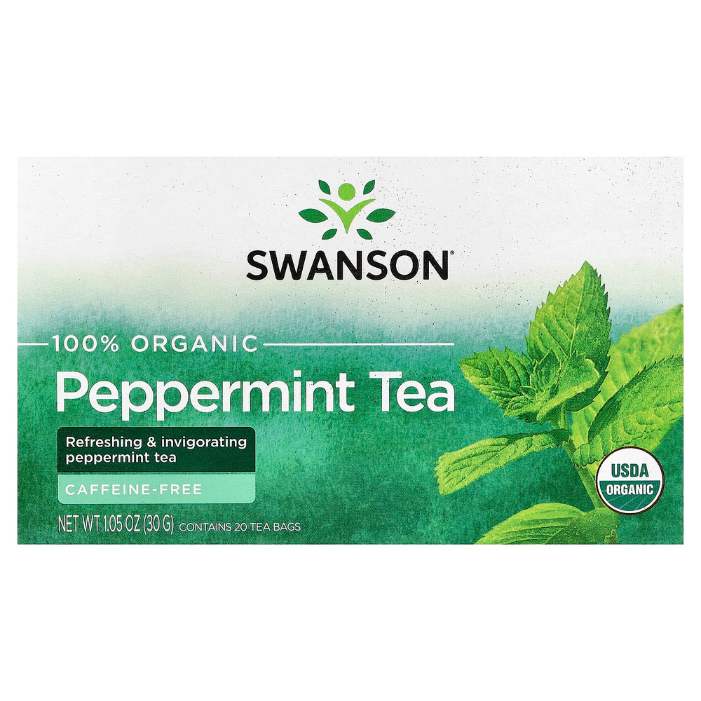 Swanson, 100% органический чай с перечной мятой, без кофеина, 20 чайных пакетиков, 30 г (1,05 унции)
