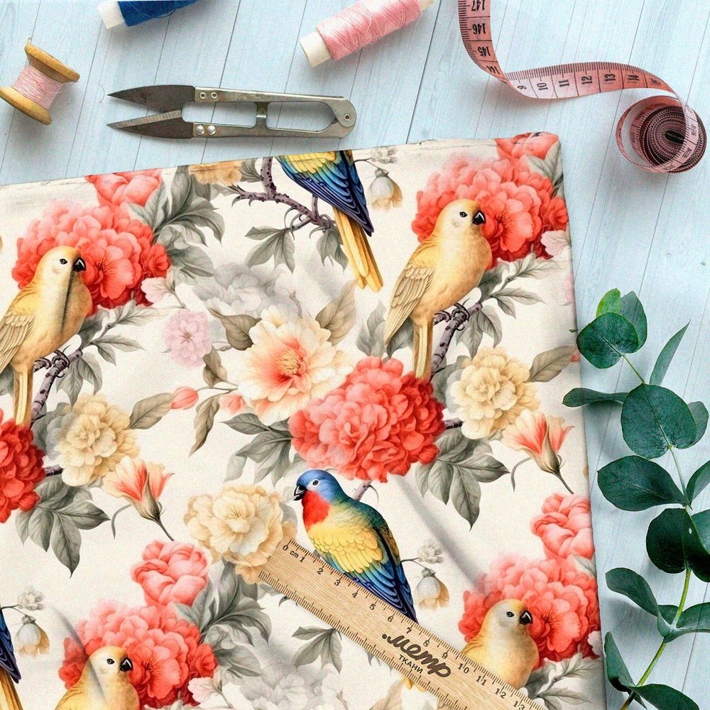 Ткань премиум Оксфорд 600D попугаи в крупных цветах
