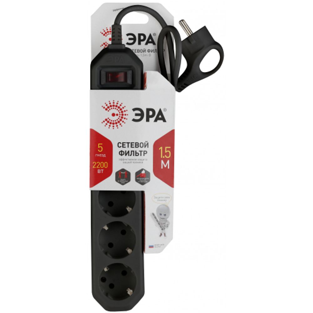 Сетевой фильтр ЭРА USF-5es-1.5m-B с базовой защитой с заземлением с выключателем 5 розеток 1,5м 10А черный