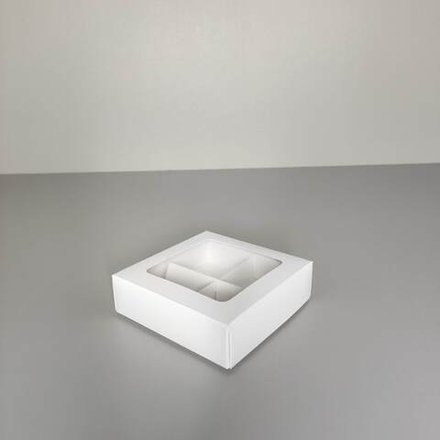 Коробка для конфет 4 шт с окном белая, ячейка 5х5см, 10х10х3 см