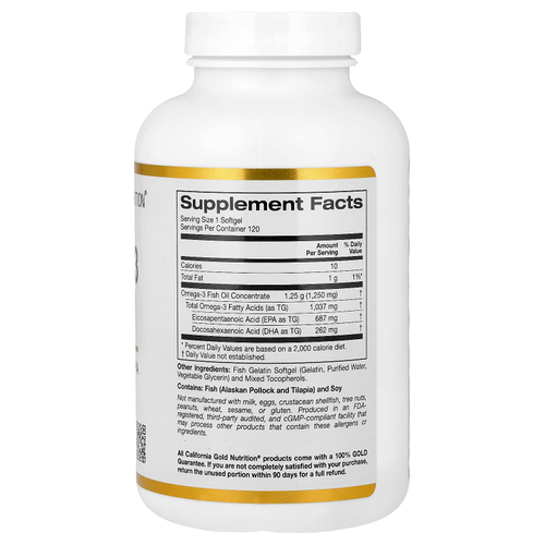 California Gold Nutrition, рыбий жир с омега-3, 120 капсул из рыбьего желатина (1250 мг в 1 капсуле)