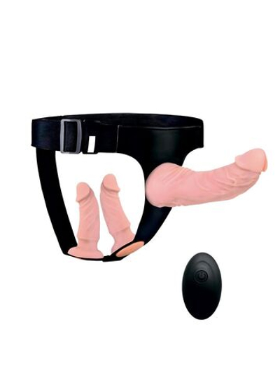 Женский страпон с 3 насадками и вибрацией (Цвет: телесный с черным)