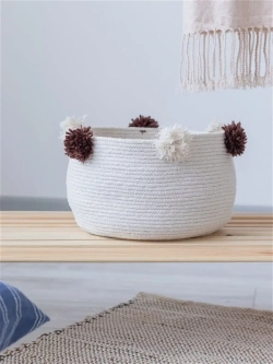 Корзина из хлопка с помпонами/для хранения/плетеная/корзина, 28см