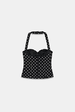 ZARA ТОП С ГОРЛОВИНОЙ ХАЛТЕР И КРУГЛЫМ ВЫРЕЗОМ В ГОРОШЕК, ЧЕРНЫЙ/БЕЛЫЙ