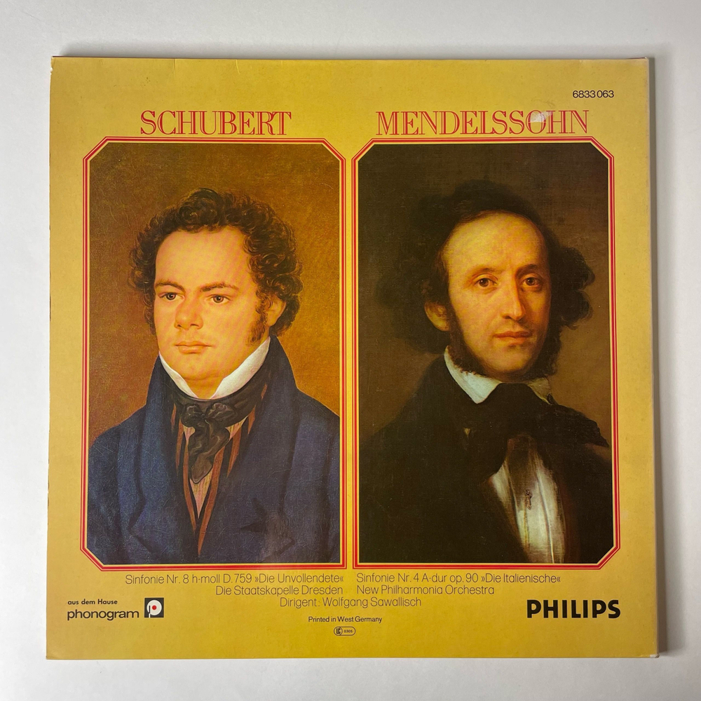 Винтажная виниловая пластинка LP Schubert Шуберт, Mendelssohn Мендельсон, Wolfgang Sawallisch, Unvollendete , Italienische Symphonie (Германия 1977)