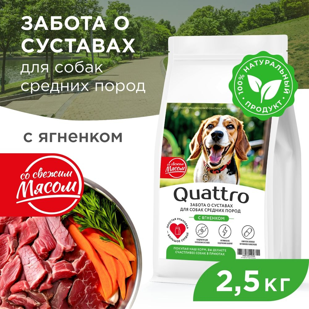Корм сухой для взрослых собак средних пород, премиум полнорационный комплекс, забота о суставах, с ягненком, 2,5 кг, QUATTRO