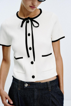 ZARA ТРИКОТАЖНАЯ КАРДИГАН С КОНТРАСТНОЙ ОТДЕЛКОЙ, БЕЛЫЙ