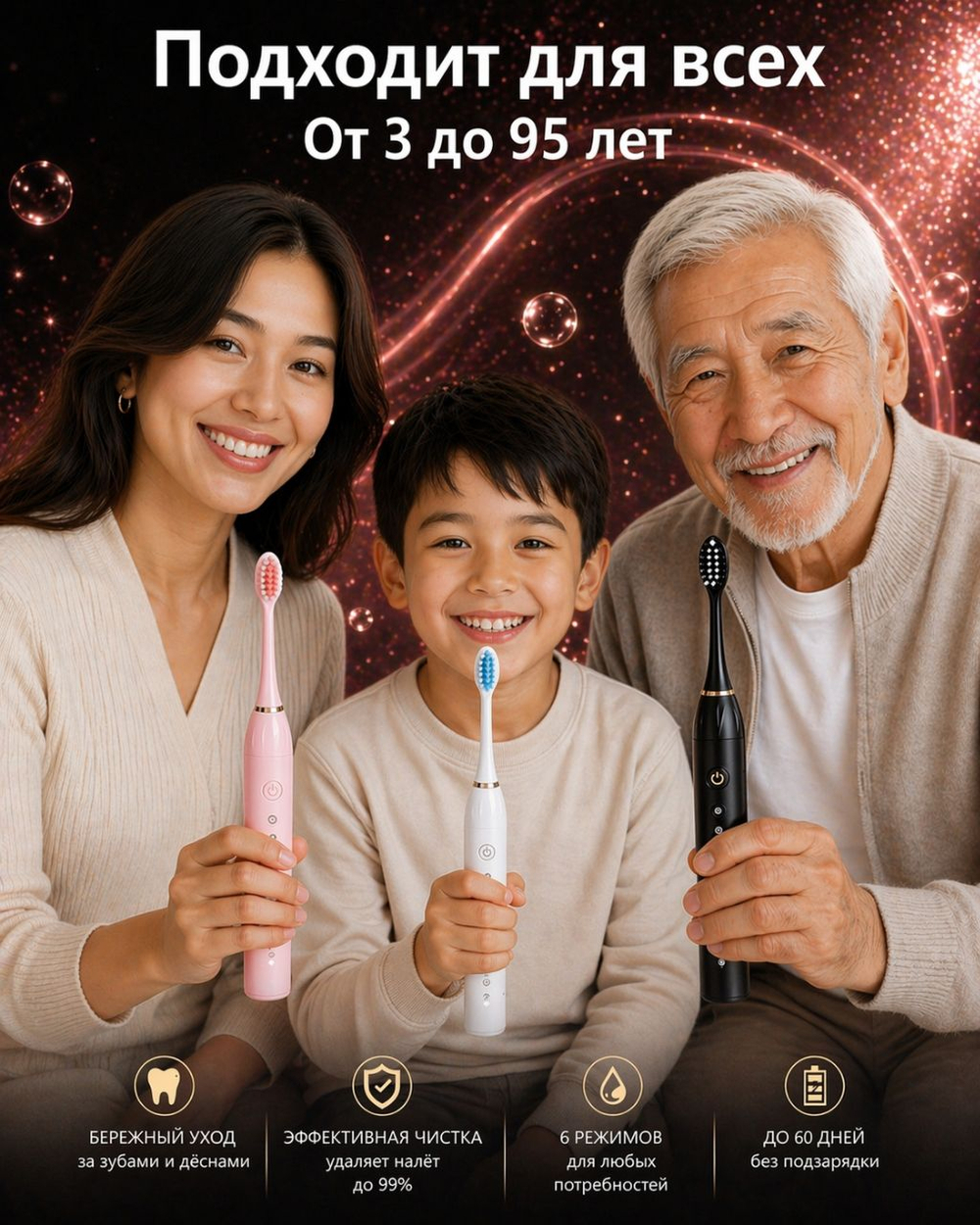 МИР ПЕПТИДОВ звуковая щетка IPX 7 щетина средняя черная