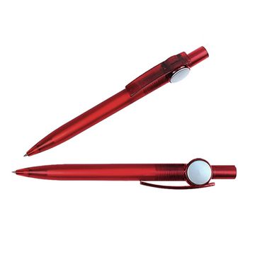 Ручка автоматическая, синяя, корпус красный  с серебристыми вставками