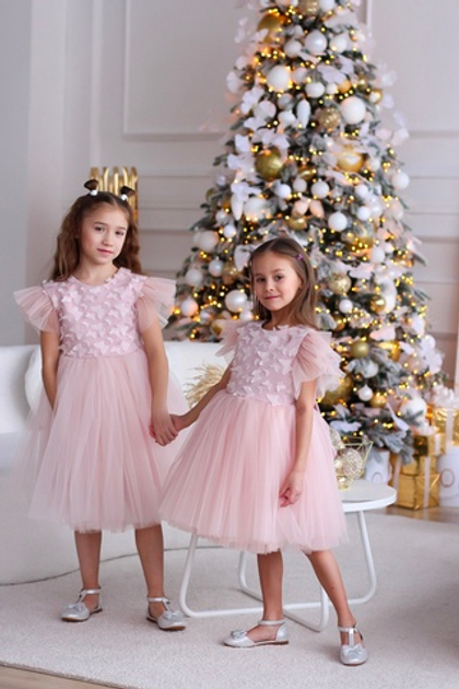 Нарядное пышное платье "Бабочки", цвет пудровый/розовый