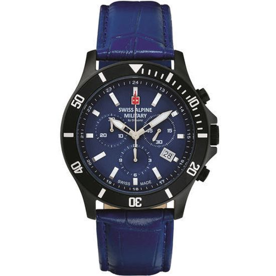 С ремешком Мужские наручные часы с синим кожаным ремешком Swiss Alpine Military 7022.9575 chronograph 42mm 10ATM