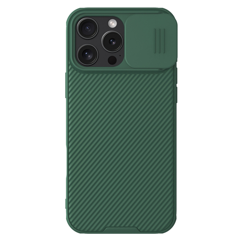 Чехол зеленого цвета (Dark Green) с сдвижной шторкой для камеры от Nillkin для iPhone 16 Pro Max, серия CamShield Pro Case