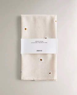 ZARA HOME КУХОННОЕ ПОЛОТЕНЦЕ ИЗ ХЛОПКА С ВЫШИВКОЙ «РОМАШКИ», ЭКРЮ