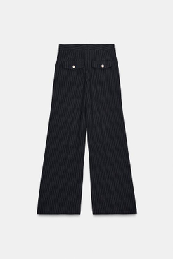 ZARA ШИРОКИЕ БРЮКИ В ТОНКУЮ ПОЛОСКУ С ЗАЩИПАМИ, МОРСКОЙ СИНИЙ